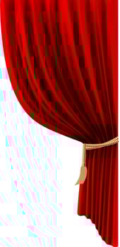 Red velvet curtain slightly open on white background with golden rope, creating a sense of anticipation and elegance, perfect for entertainment or theater related themes vector
