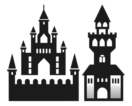 Black silhouettes of medieval castles in a illustration on white background. vector