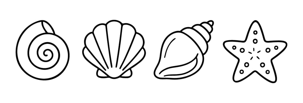 Spiral seashell, scallop shell, conch shell, and a starfish black and white marine icons set. clean, outline, line art style. For coloring books, surf shop, tattoo templates, web icons vector