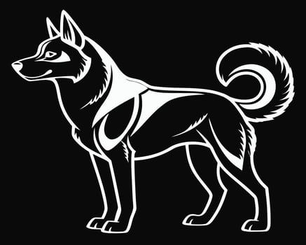 Sleek black and white siberian husky dog silhouette in a static standing pose on black background vector