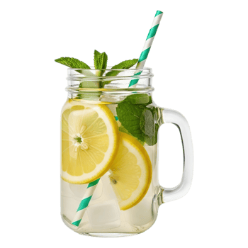 Refreshing glass jar drink with lemon slices and mint leaves with a striped straw isolated on transparent background png