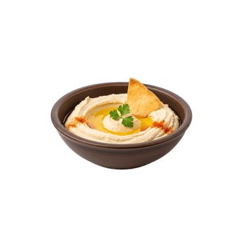 Delicious creamy hummus topped with olive oil paprika and fresh parsley served with a pita chip isolated on transparent background png
