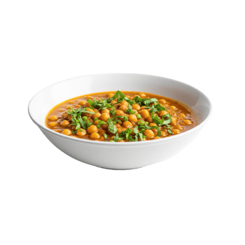 A white bowl filled with savory chickpea curry garnished with fresh green herbs isolated on transparent background png