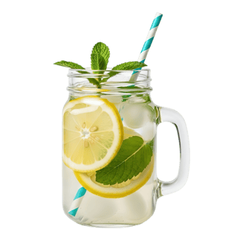 Refreshing glass jar drink with lemon slices mint leaves and ice cubes with a striped straw isolated on transparent background png