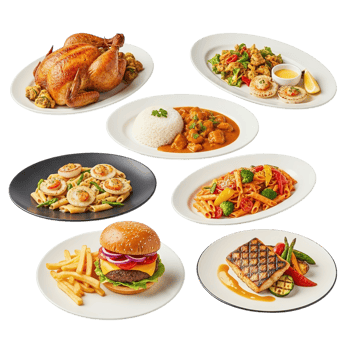 A delicious assortment of savory dishes including roasted chicken burger fries and various entrees isolated on transparent background png