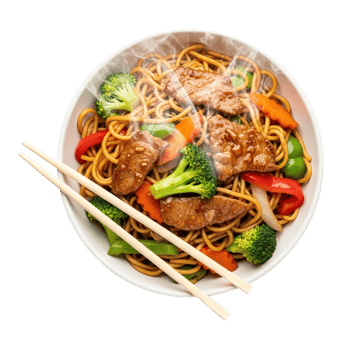 Delicious asian stir fry noodles with beef and vegetables in a bowl with chopsticks isolated on transparent background png