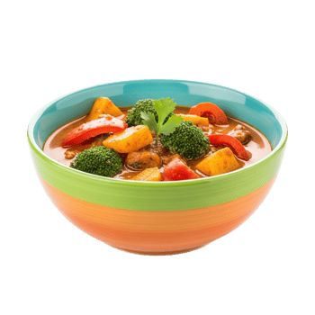 Colorful bowl filled with a vibrant vegetable curry featuring broccoli bell peppers and other fresh ingredients isolated on transparent background png