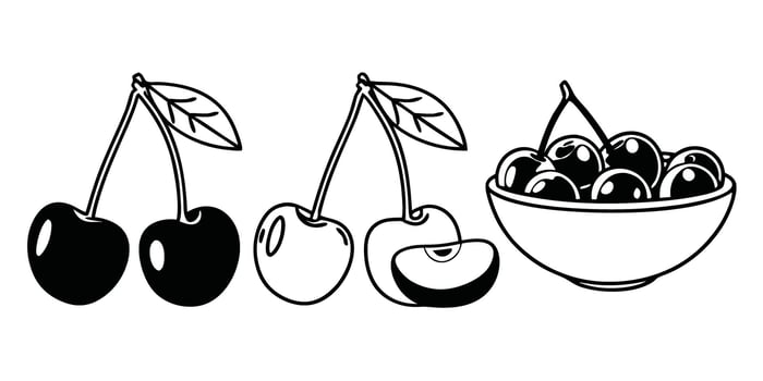 Black and White Cherry Illustration with Bowl of Cherries on Transparent Background simple black white vector