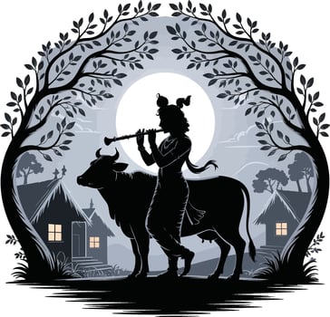Krishna playing flute by a cow at night in a village silhouette. vector