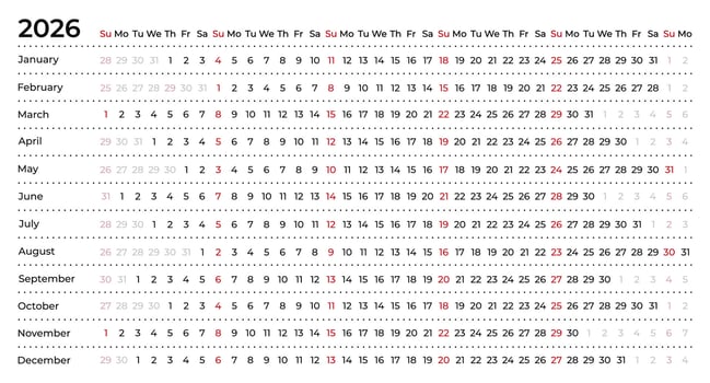 Linear calendar for 2026. Horizontal, week starts on Sunday, English, black and white. vector