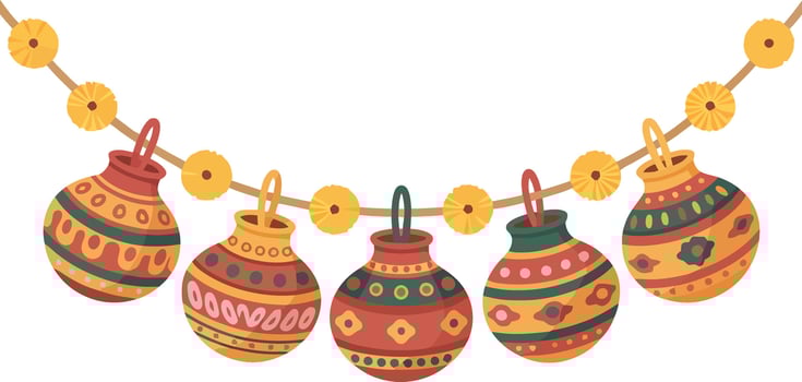 Decorative Indian Clay Pots Or Matkis Garland with Marigold Flowers. Cultural Festivities, Diwali, Holi, Janmashtami vector