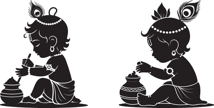 Baby Krishna Silhouettes with Butter Pots And Flute - Bal Gopal, Makhan Chor, Hindu God Childhood And Janmashtami Festival Icons vector