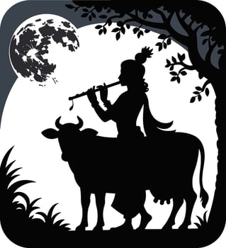 Lord Krishna Playing Flute Riding Cow Silhouette under Moonlight. Hindu Religious Art vector