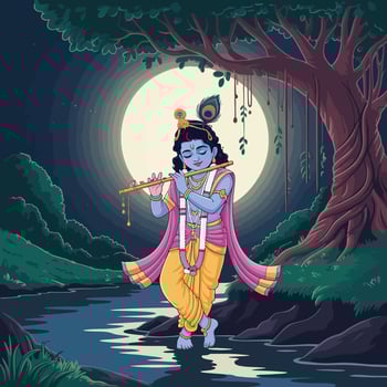 Krishna musician by moonlit river vector