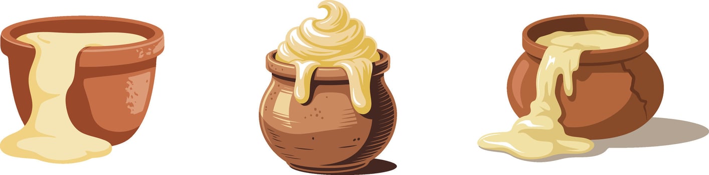 Set of Traditional Clay Pots with Ghee or Melted Butter. Indian Dairy Product Illustration vector