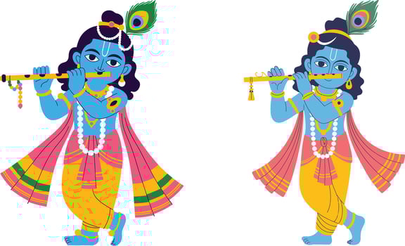 Two Krishna playing flute, vibrant Hindu deity illustration vector