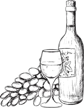 An Elegant Still Life Illustration Featuring Exquisite Wine and Grapes in Artistic Display vector