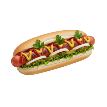 Delicious grilled hot dog with toppings in a soft bun isolated on transparent background png