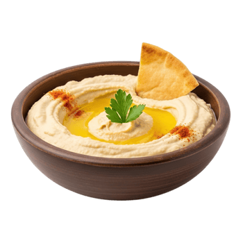 Delicious creamy hummus topped with olive oil paprika and fresh parsley served in a rustic bowl isolated on transparent background png