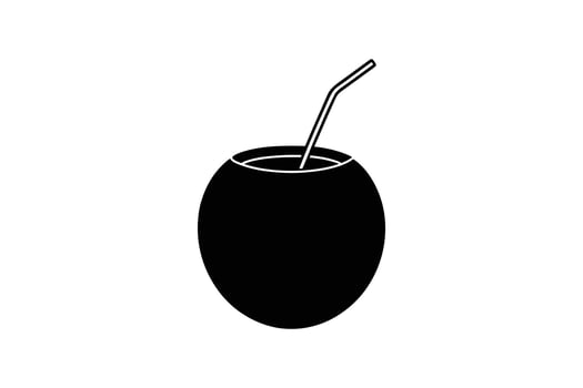 Minimalist Coconut Drink with Straw Illustration Black and White Isolated on White Background Refreshing Tropical Beverage Silhouette black white silhouette illustration vector