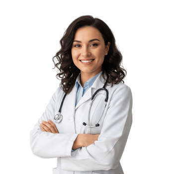 Smiling female doctor wearing a white coat and stethoscope with arms crossed isolated on transparent background png