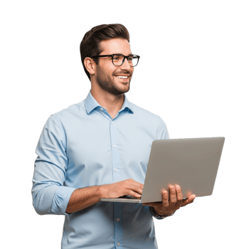 Smiling man wearing glasses and a blue shirt holding a laptop computer and looking to the side isolated on transparent background png