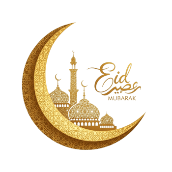 Golden crescent moon with intricate mosque design and arabic calligraphy for eid celebrations isolated on transparent background png