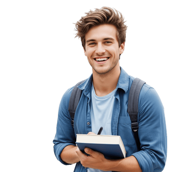 Smiling young man with messy hair wearing a denim shirt and backpack holding books isolated on transparent background png