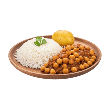 A delicious indian chickpea curry served with fluffy white rice and a whole potato on a wooden plate isolated on transparent background png