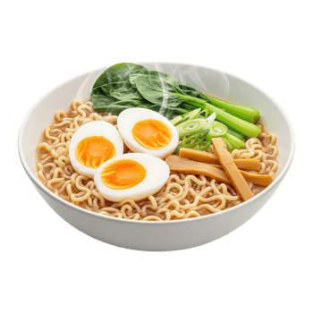 Delicious bowl of ramen noodles with soft boiled eggs and fresh greens isolated on transparent background png