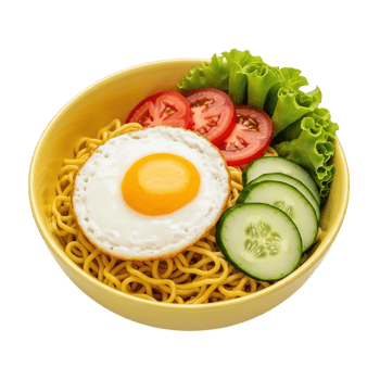 Delicious bowl of instant noodles topped with a fried egg fresh lettuce sliced tomatoes and cucumber isolated on transparent background png