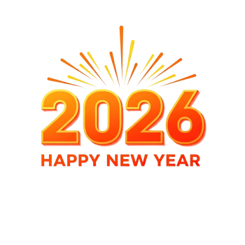 Bright orange 2026 happy new year text with fireworks burst isolated on transparent background png