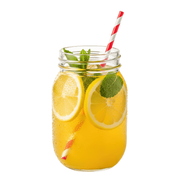Refreshing yellow citrus drink with mint and lemon slices in a mason jar isolated on transparent background png