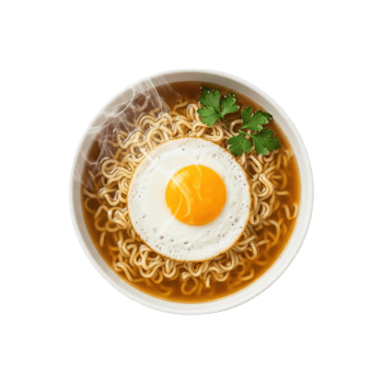 Delicious bowl of ramen noodles topped with a perfectly fried egg and fresh cilantro isolated on transparent background png