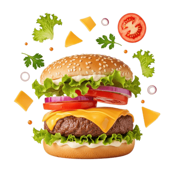 Delicious gourmet burger with fresh ingredients levitating in mid air isolated on transparent background png