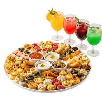 A large platter filled with an assortment of colorful appetizers and dips served with festive cocktails isolated on transparent background png