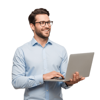Smiling businessman with glasses holding a laptop and looking up with a happy expression isolated on transparent background png