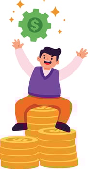 Man Sitting on Stack of Gold Coins with Gear and Dollar Symbol Above Financial Success Concept vector