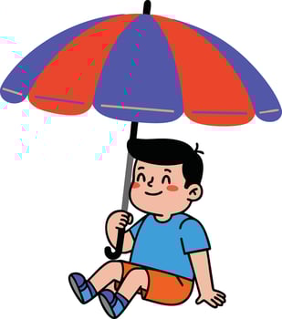 Child holding blue and red umbrella sitting smiling illustration for rainy day protection and playfulness vector