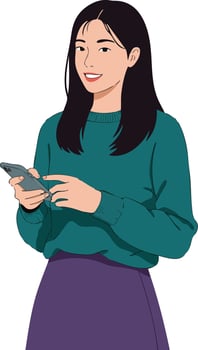 Young woman using smartphone dressed in teal sweater and purple skirt smiling illustration vector
