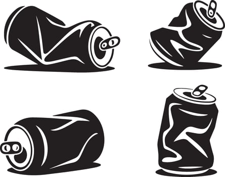 Set of crushed aluminum cans silhouette art on white background vector