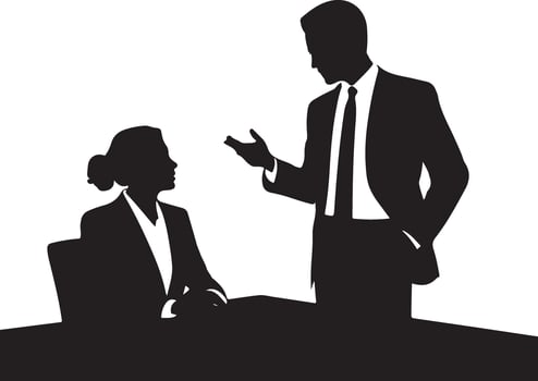 Businesspeople in discussion at a meeting black and white silhouette illustration white background vector