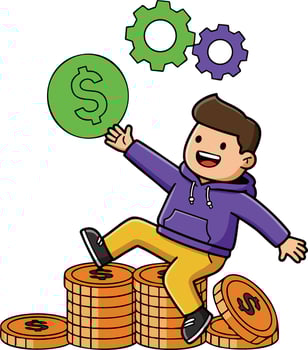 Young person sitting on stacks of coins with green and purple gears symbolizing financial growth and success illustration vector