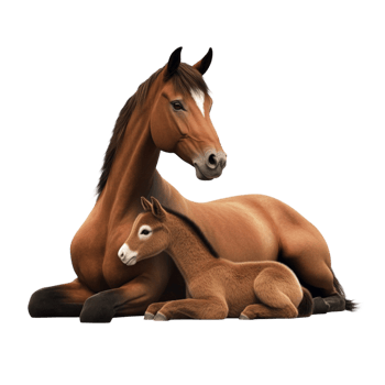 Mother horse and foal lying down peaceful farm animal scene png