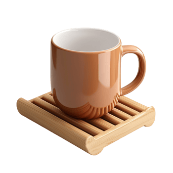 Brown coffee mug on wooden coaster warm beverage png