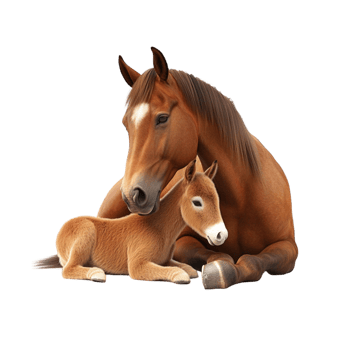 Mother brown horse nuzzling foal baby animal moment png