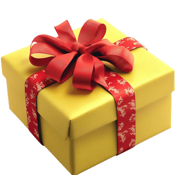 Present in yellow gift box with red ribbon and bow png