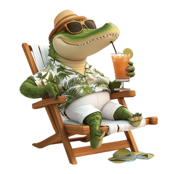 Alligator lounging in beach chair with drink summer vacation png