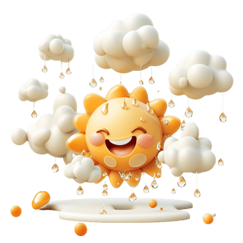 Smiling sun with clouds and raindrops weather png
