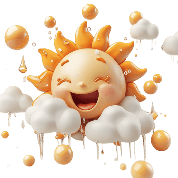 Cheerful sun with clouds and raindrops weather scene png